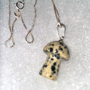Boho natural Dalmatian Jasper Mushroom 🍄 Sterling Silver Necklace 16”